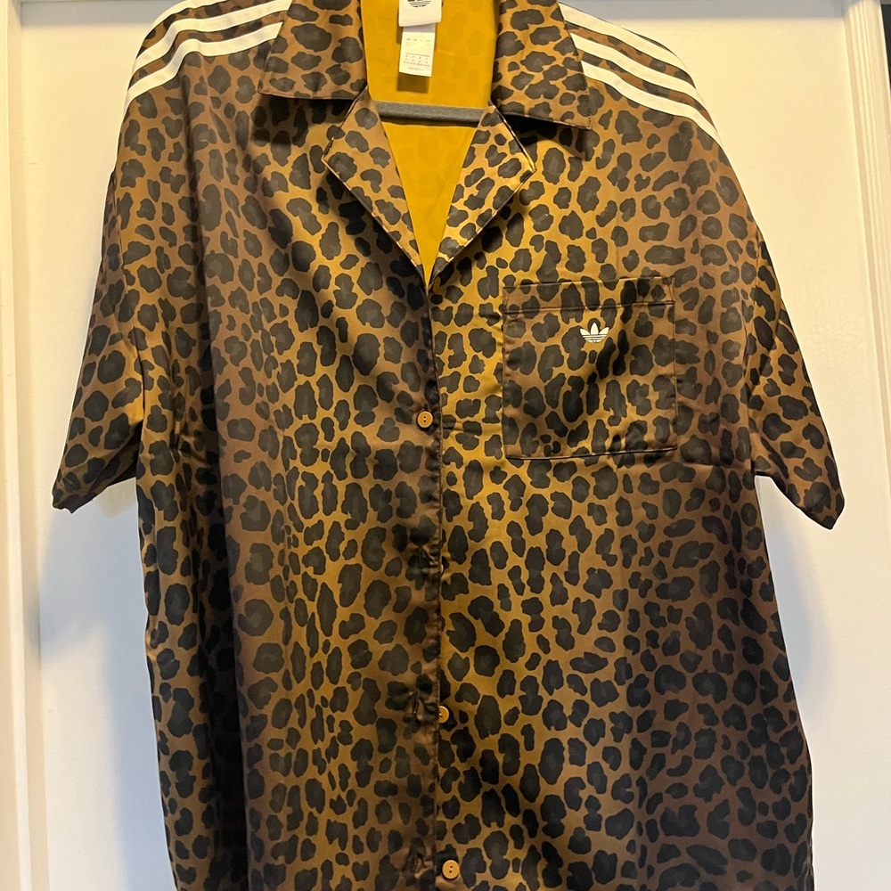 adidas women’s Leopard Print Short Sleeve Button Shirt - Brown/Black